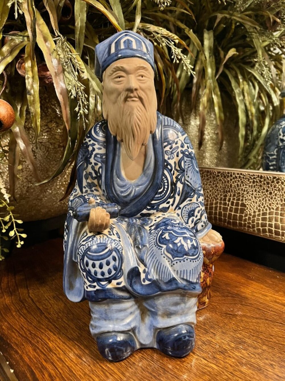 Vintage Japanese Kutani Jurojin Blue White man Statue Figure